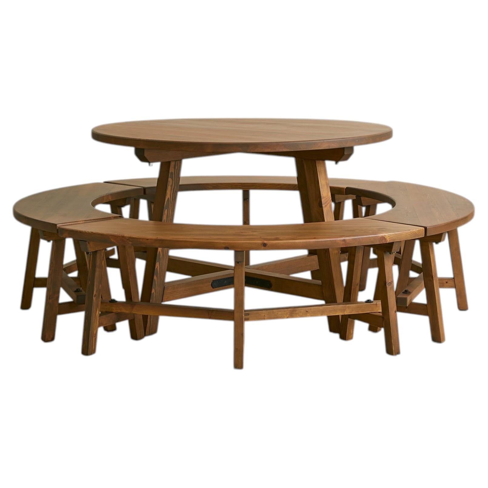 French Round Dining Table with Four Curved Benches, 1950s