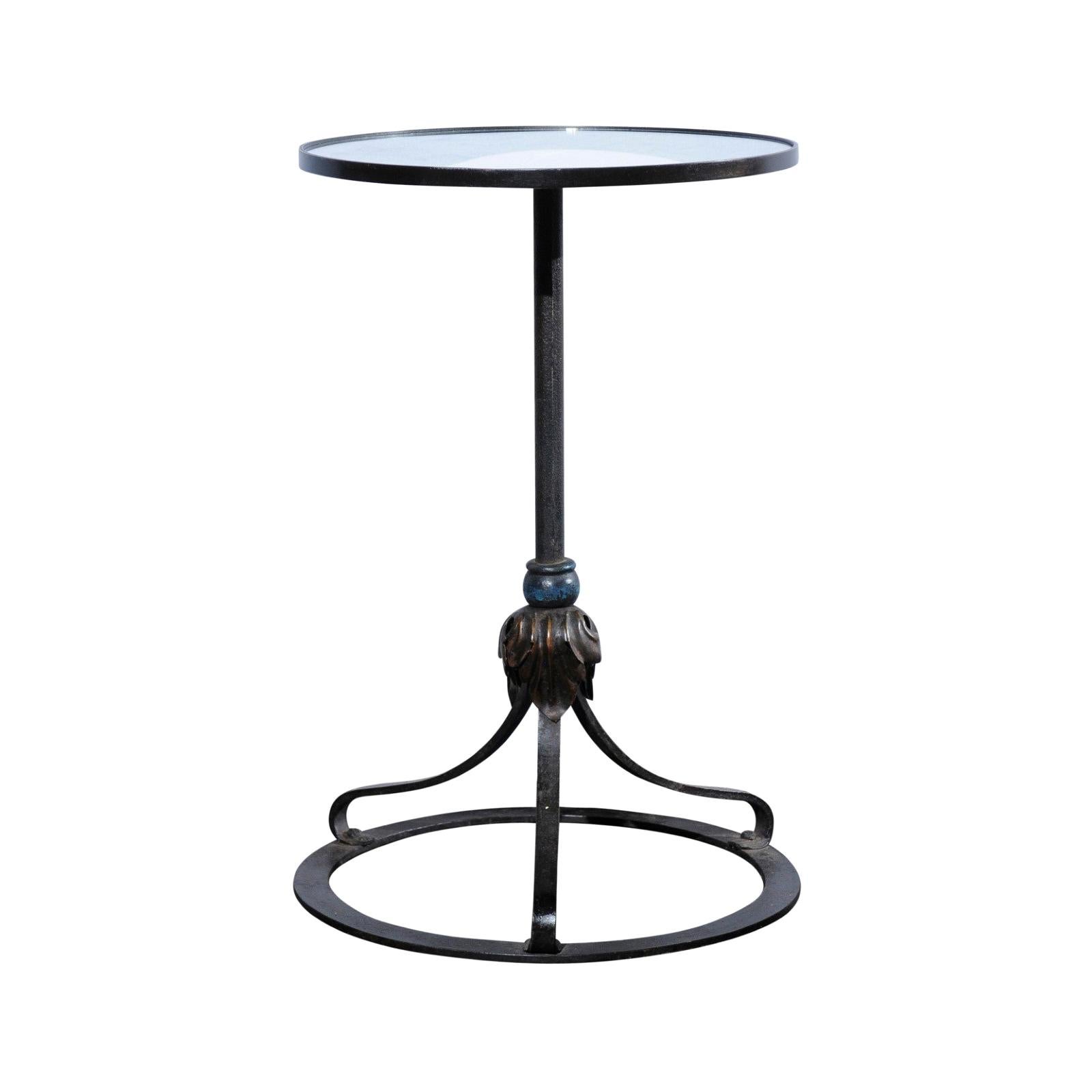 French Round Drinks Table Repurposed from a 1900s Iron Lamp, with Mirrored Top