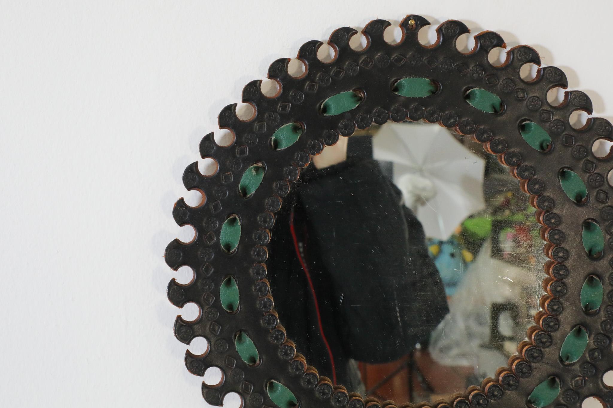 French Round Embossed Leather Handmade In Spanish Revival Style Mirror, 1960s For Sale 1