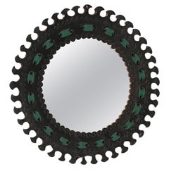 French Round Embossed Leather Handmade In Spanish Revival Style Mirror, 1960s