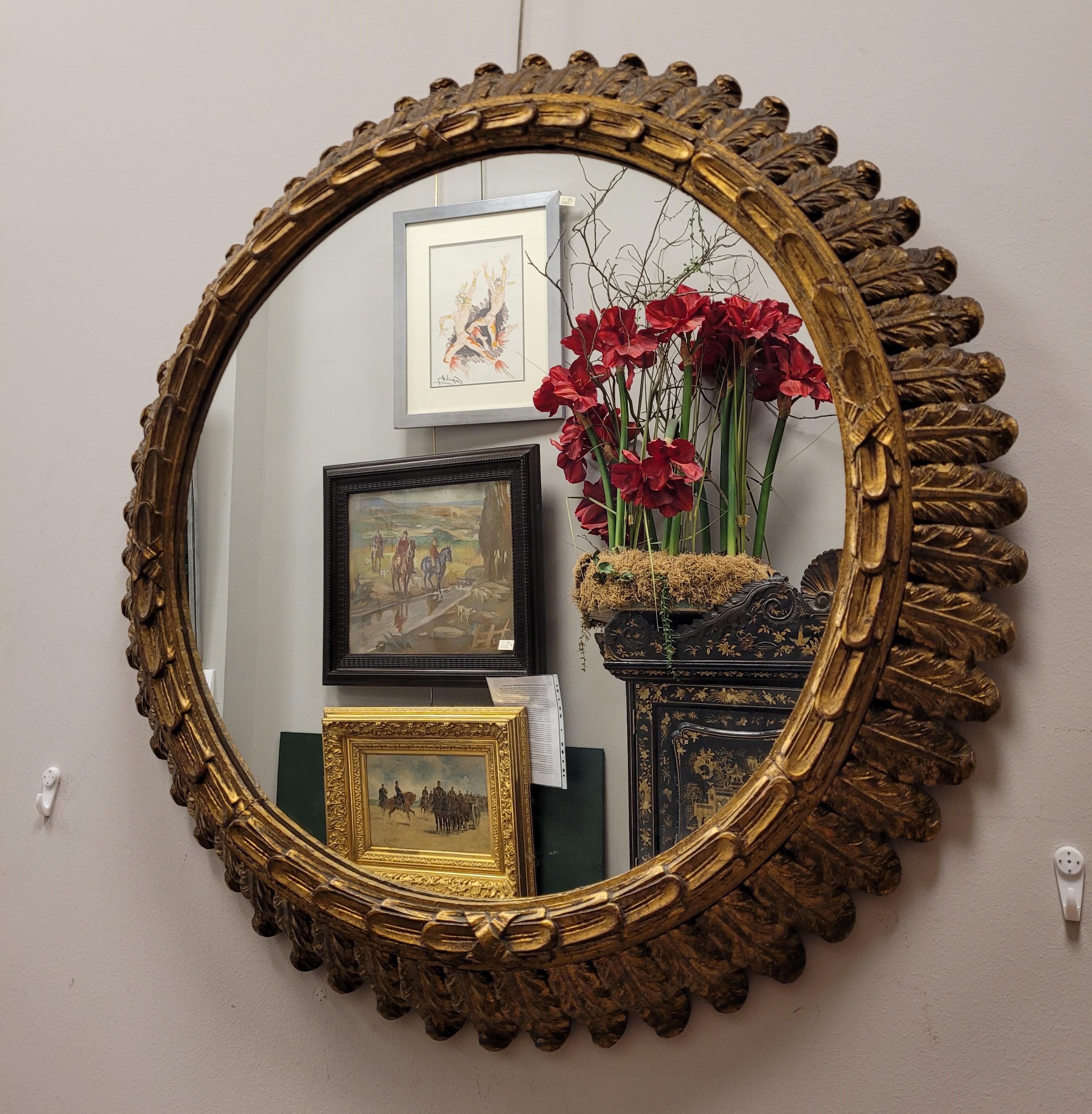 French round gilded wood Mirror, 40s  olive leaves For Sale 11
