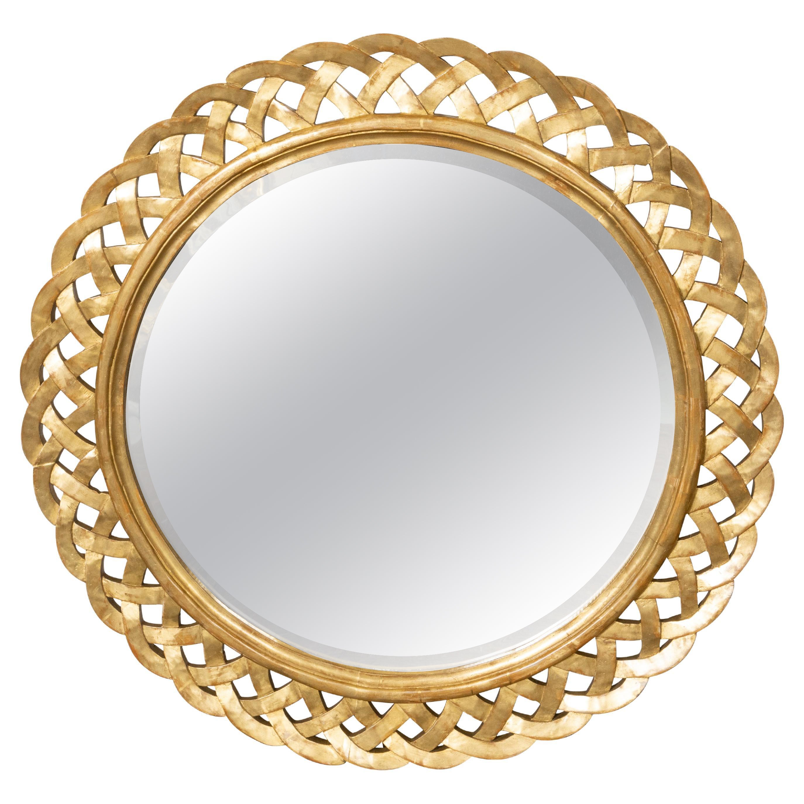 French Round Giltwood 19th Century Mirror with Woven Trellis Inspired Design