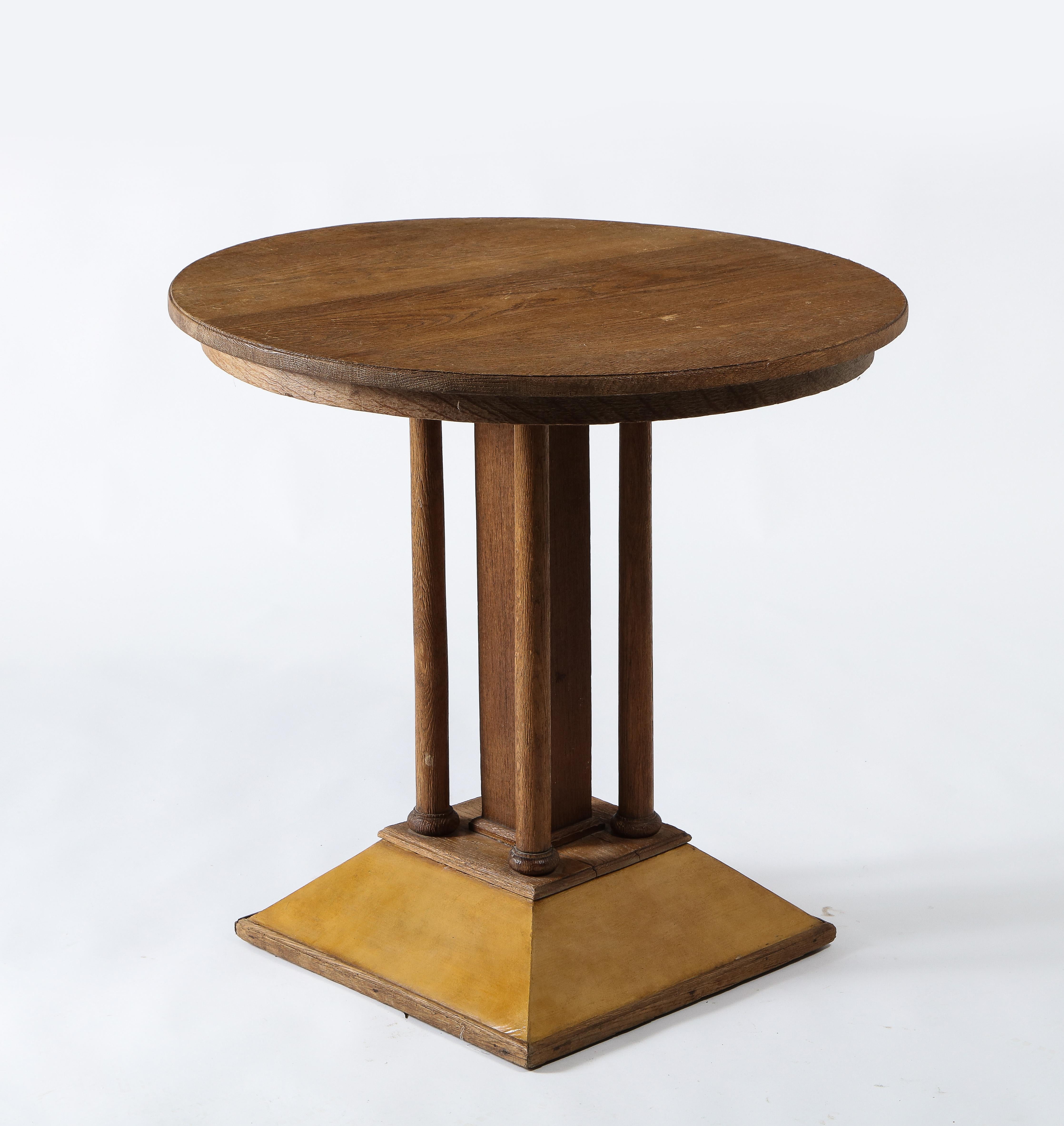 Art Deco French Round Gueridon in Raw Oak and Parchment, France 1940’s For Sale