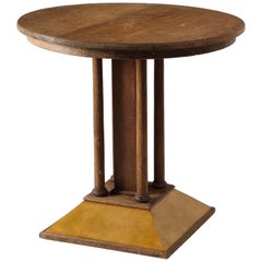 French Round Gueridon in Raw Oak and Parchment, France 1940’s