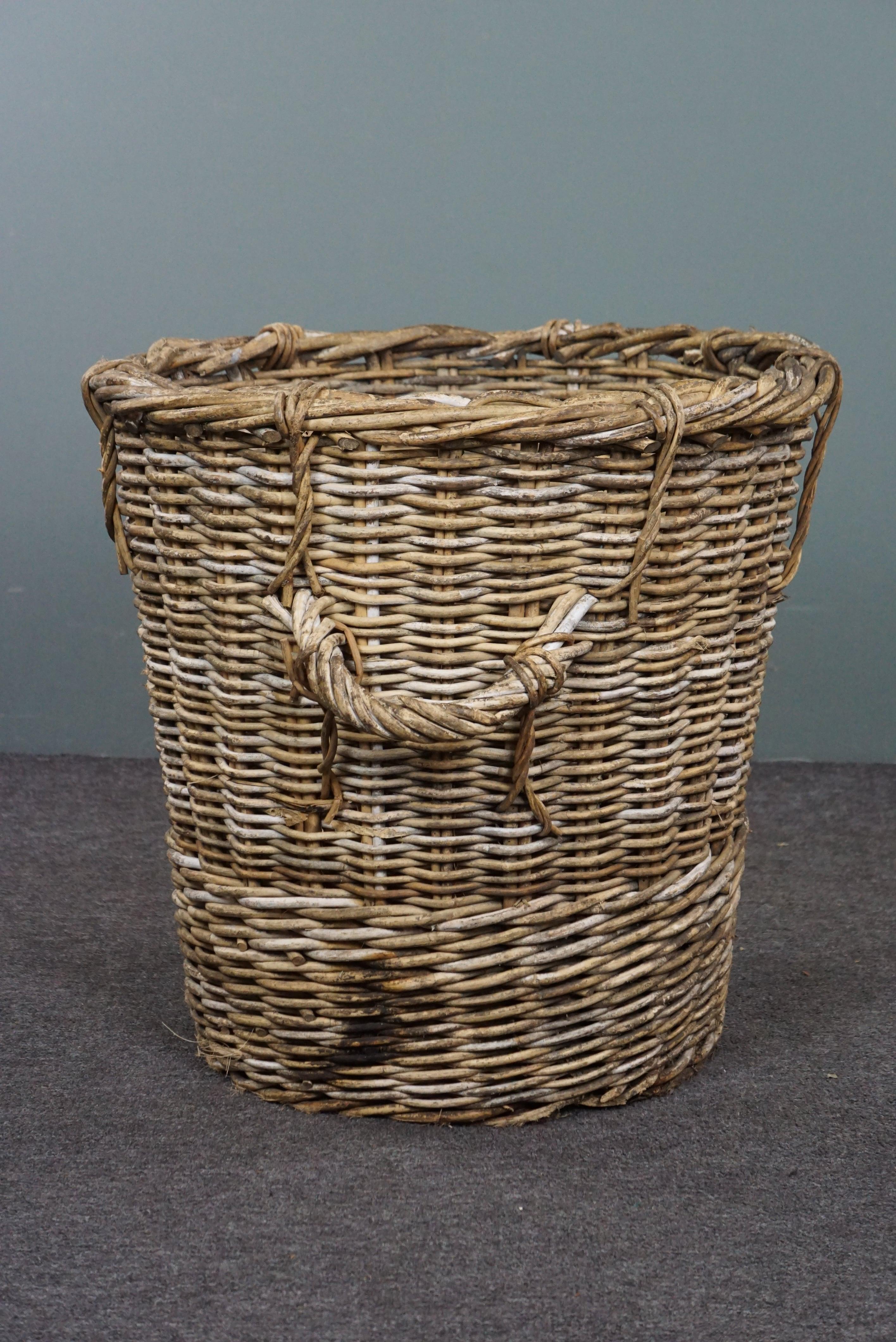 Hand-Crafted French round hand woven fireplace basket For Sale