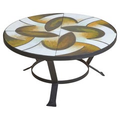 French Round Iron + Ceramic Top Coffee Table, 1960s