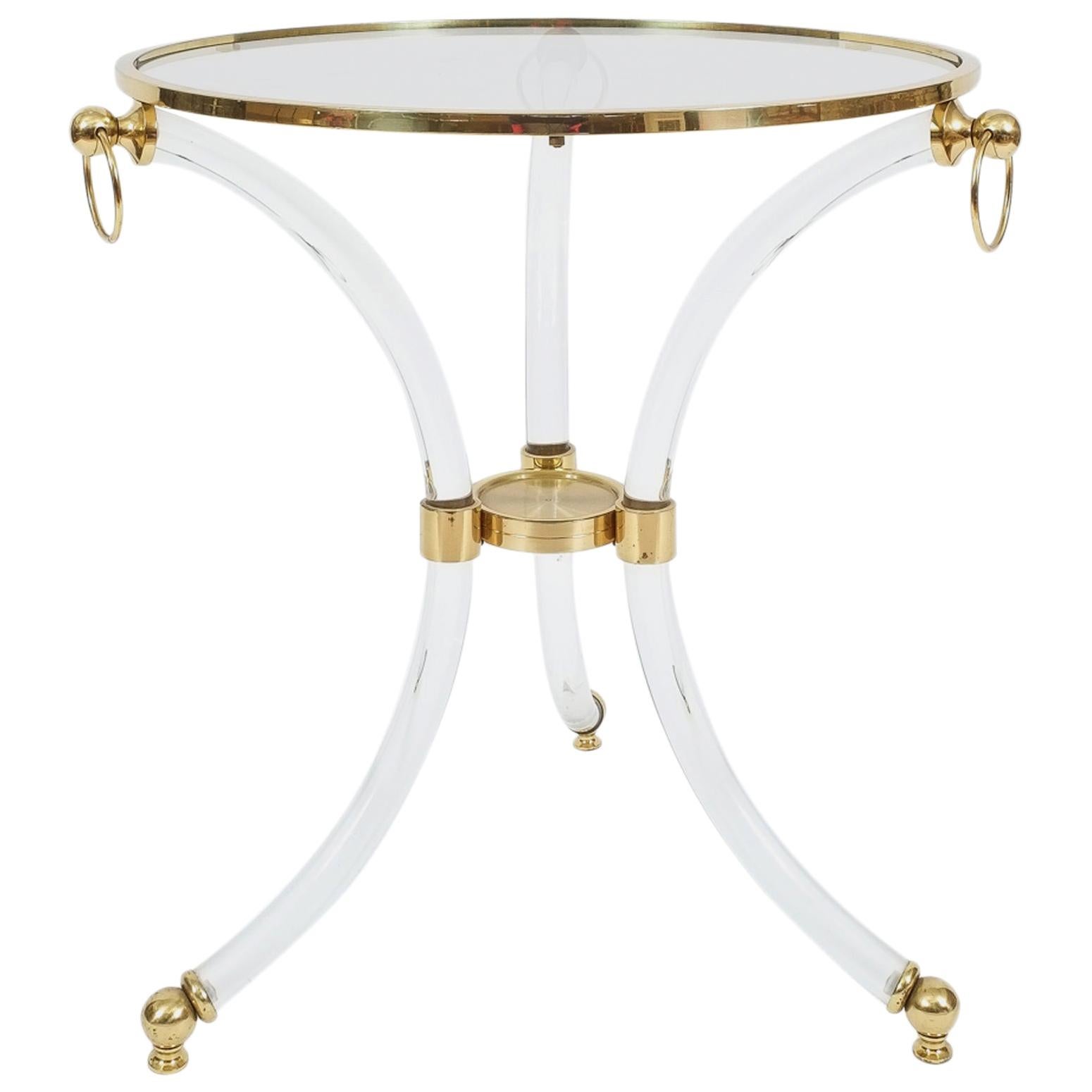 French Round Lucite Glass and Brass Side Table, circa 1970