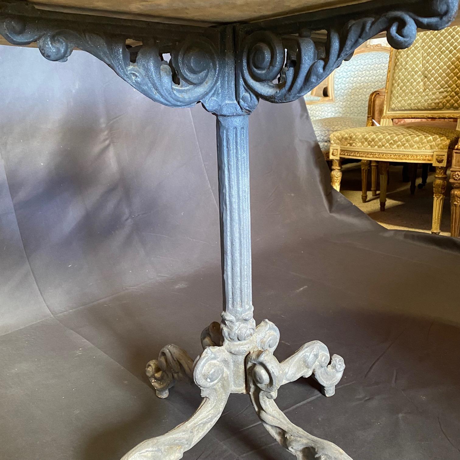 French Provincial French Round Marble Top Cafe Bistro Table with Wonderful Metal Base For Sale