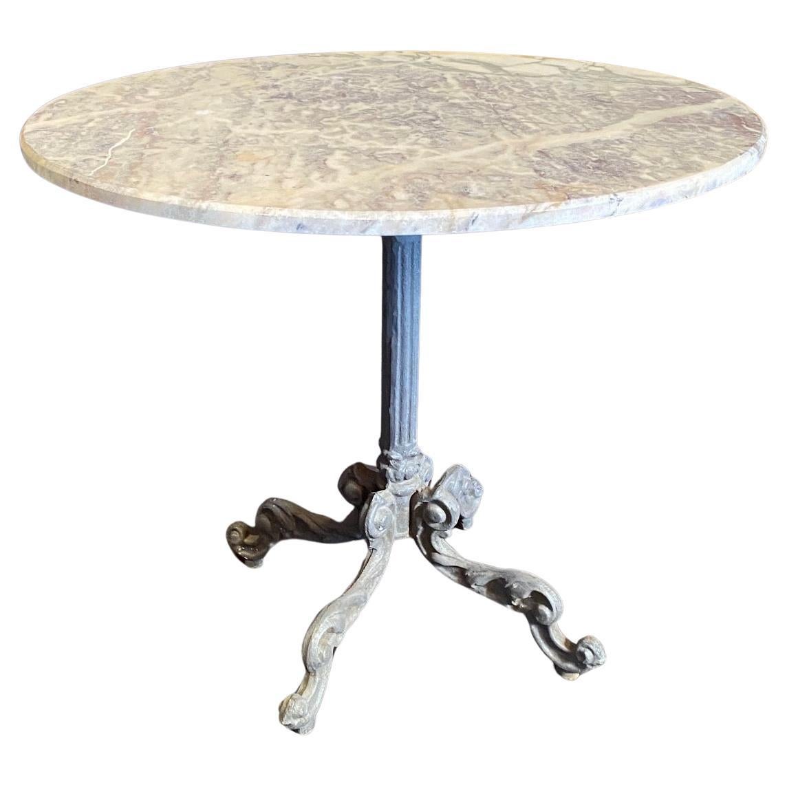 French Round Marble Top Cafe Bistro Table with Wonderful Metal Base For Sale