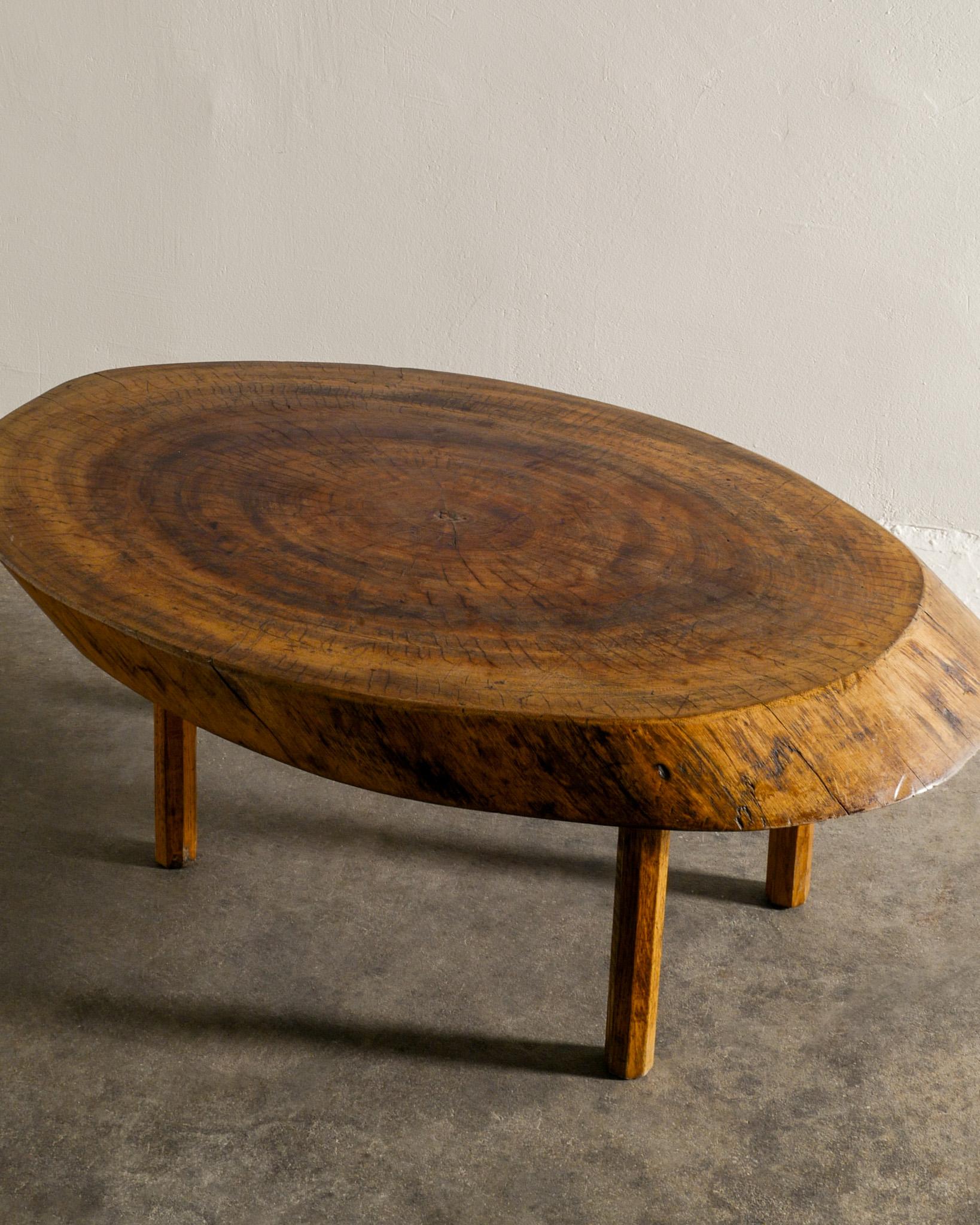 French Round Mid Century Elm Wood Coffee Table Produced in France, 1950s 2