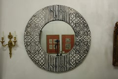 French Round Mirror Made of Antique Art Deco Pressed Tin Ceiling Tiles