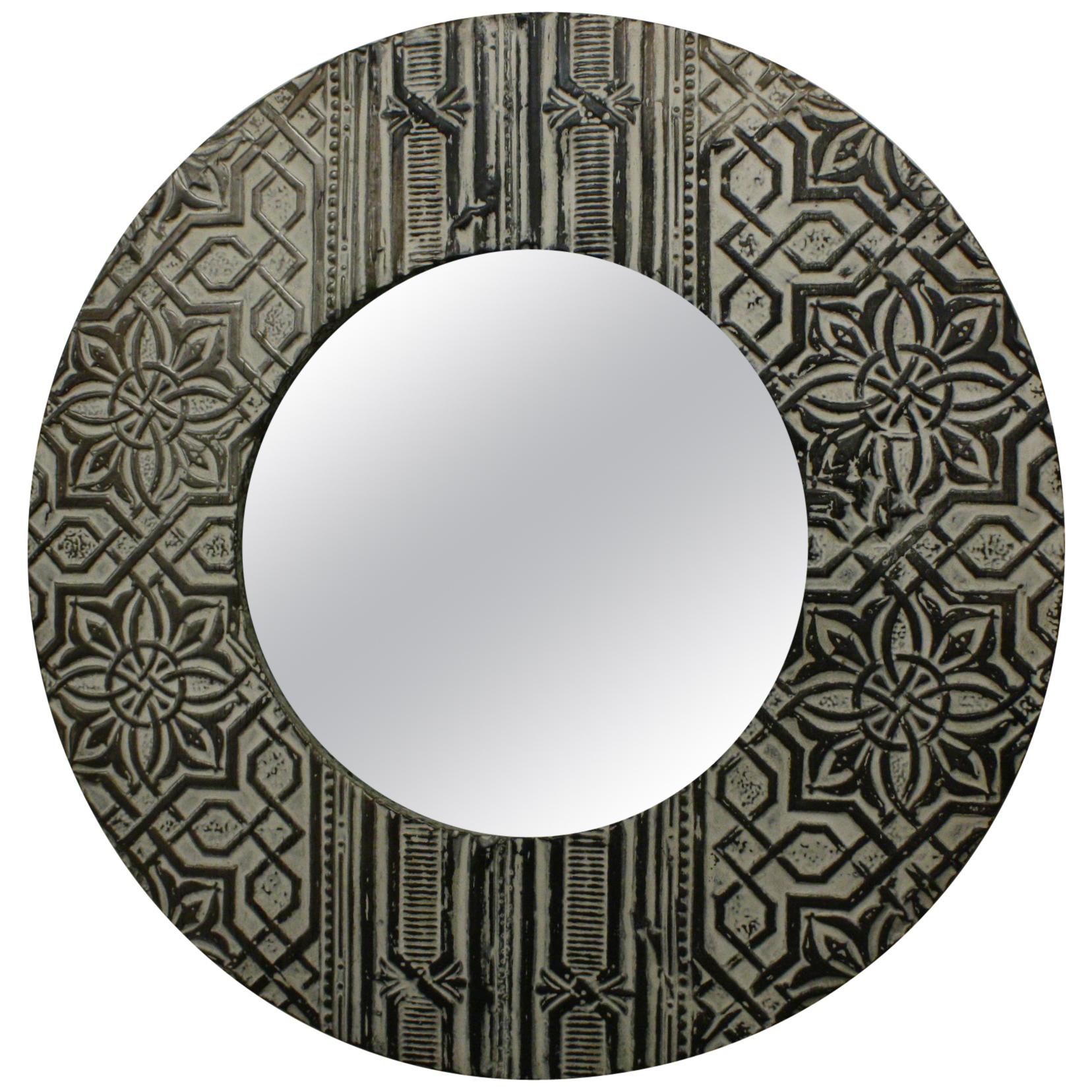 French Round Mirror Made of Antique Art Deco Pressed Tin Ceiling Tiles