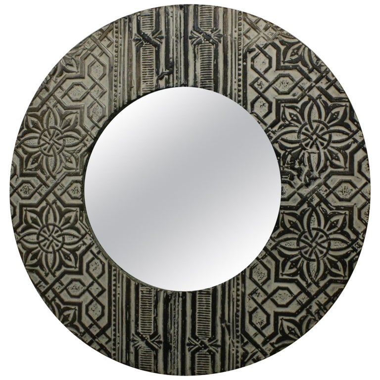 French Round Mirror Made Of Antique Art Deco Pressed Tin Ceiling Tiles