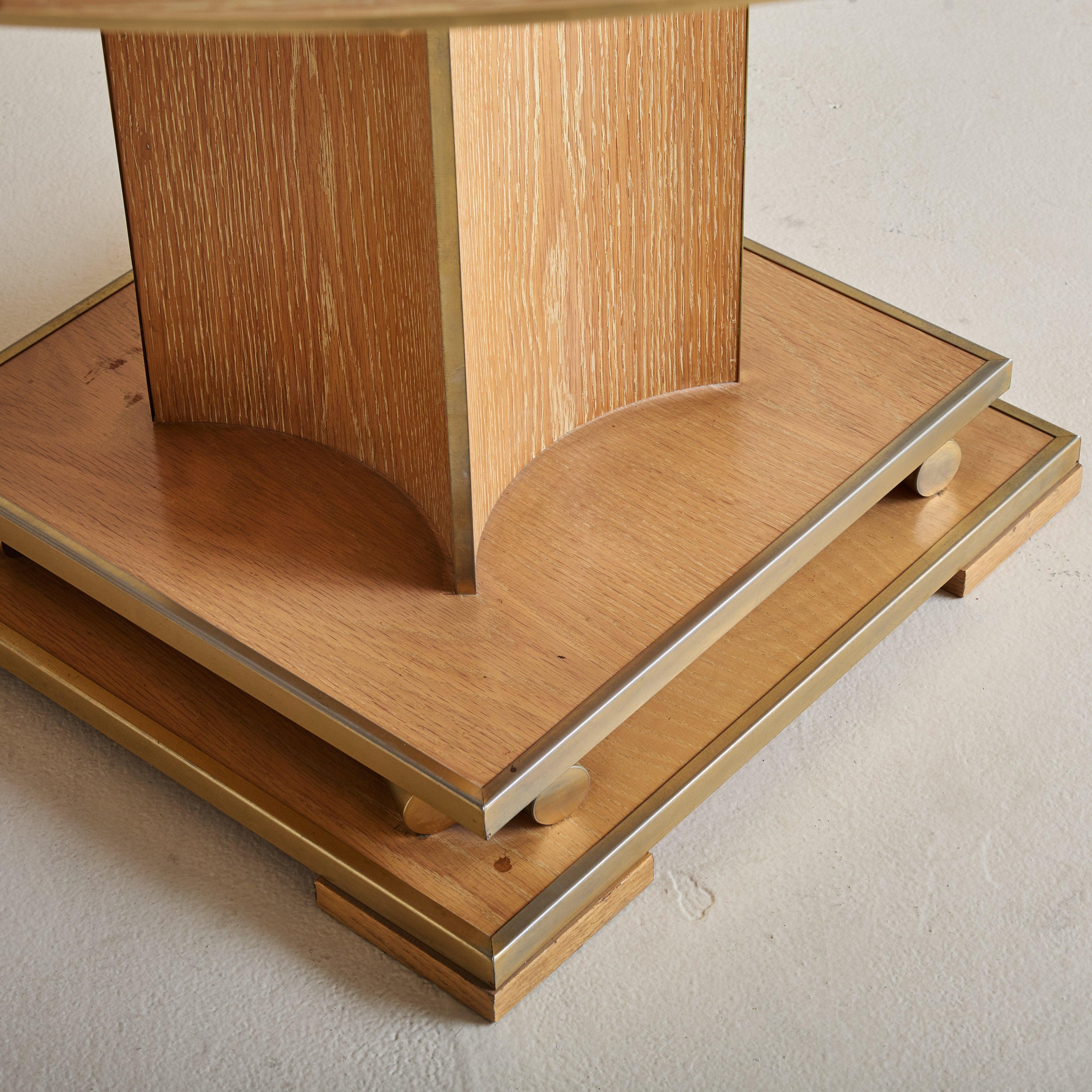 Art Deco French Round Oak Center Table with Brass Accents, 1940s For Sale