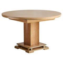 French Round Oak Center Table with Brass Accents, 1940s