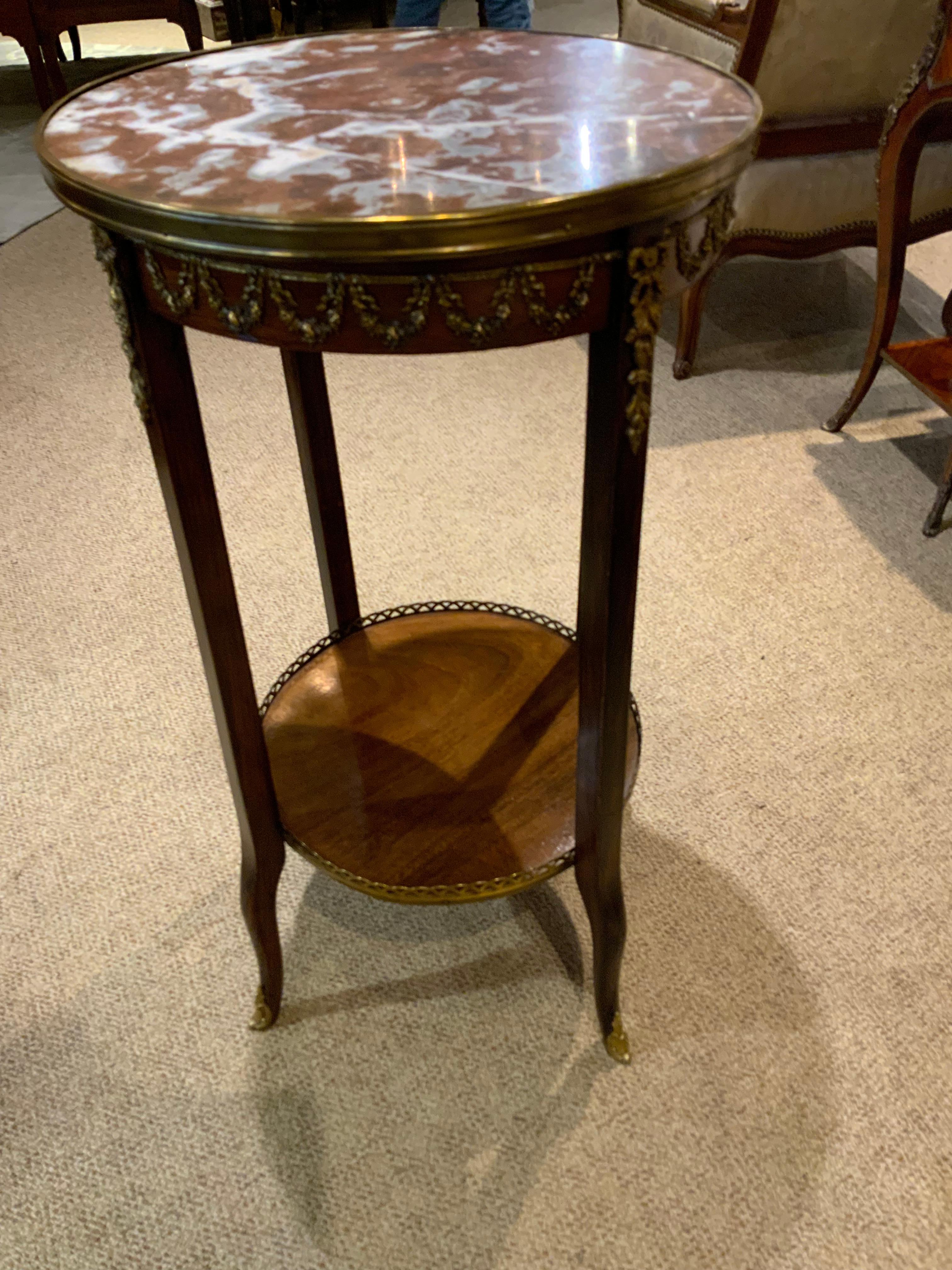 French  round occasional table 19 th c. Rouge marble top with bronze mounts In Excellent Condition In Houston, TX