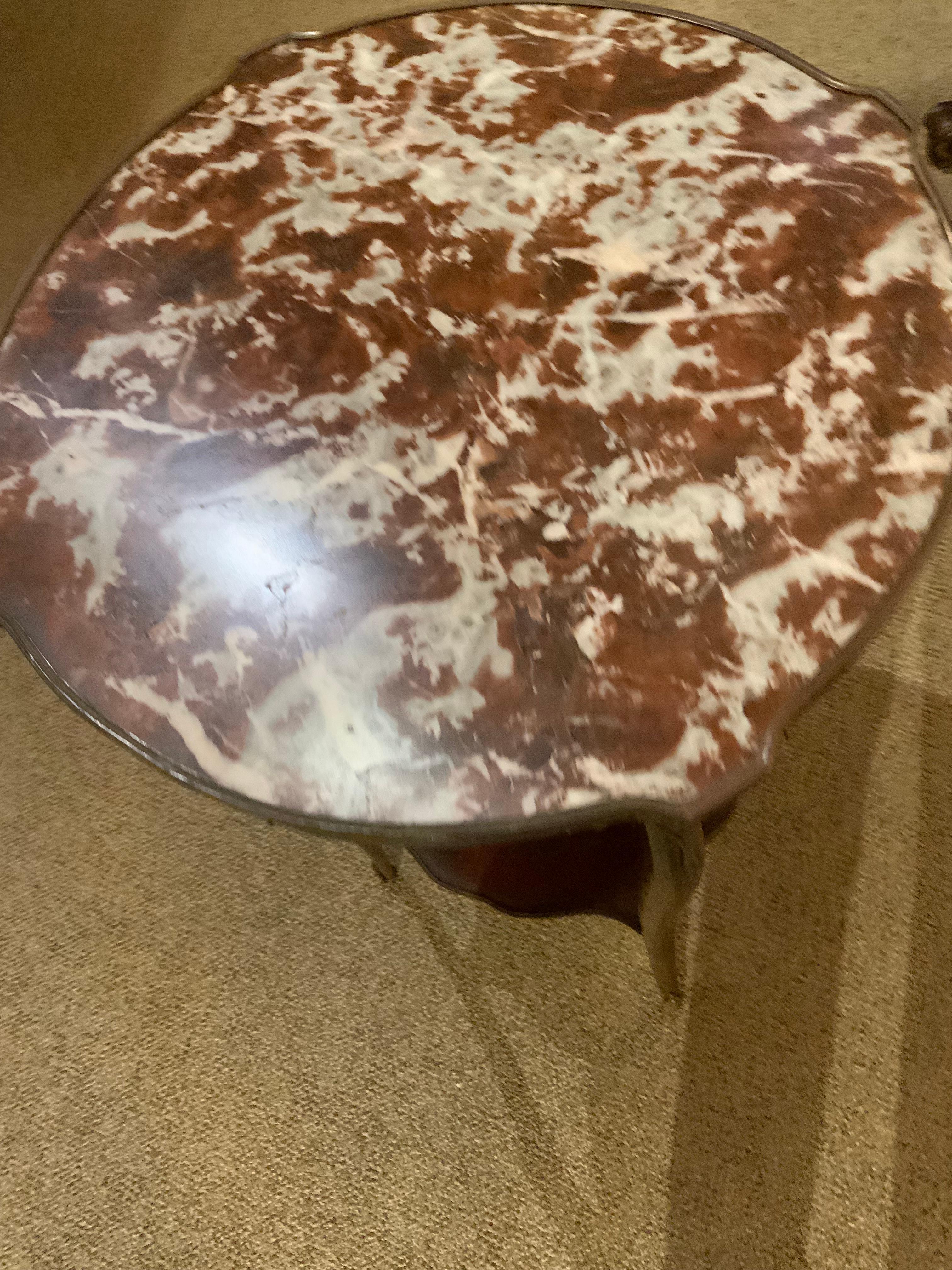 Walnut French round occasional table, 19 th c with rouge marble top, louis XV style