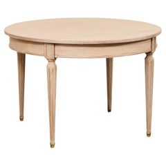 Retro French Round Painted Wood Table w/Fluted Legs & Brass Feet, 3.5 Ft Diameter
