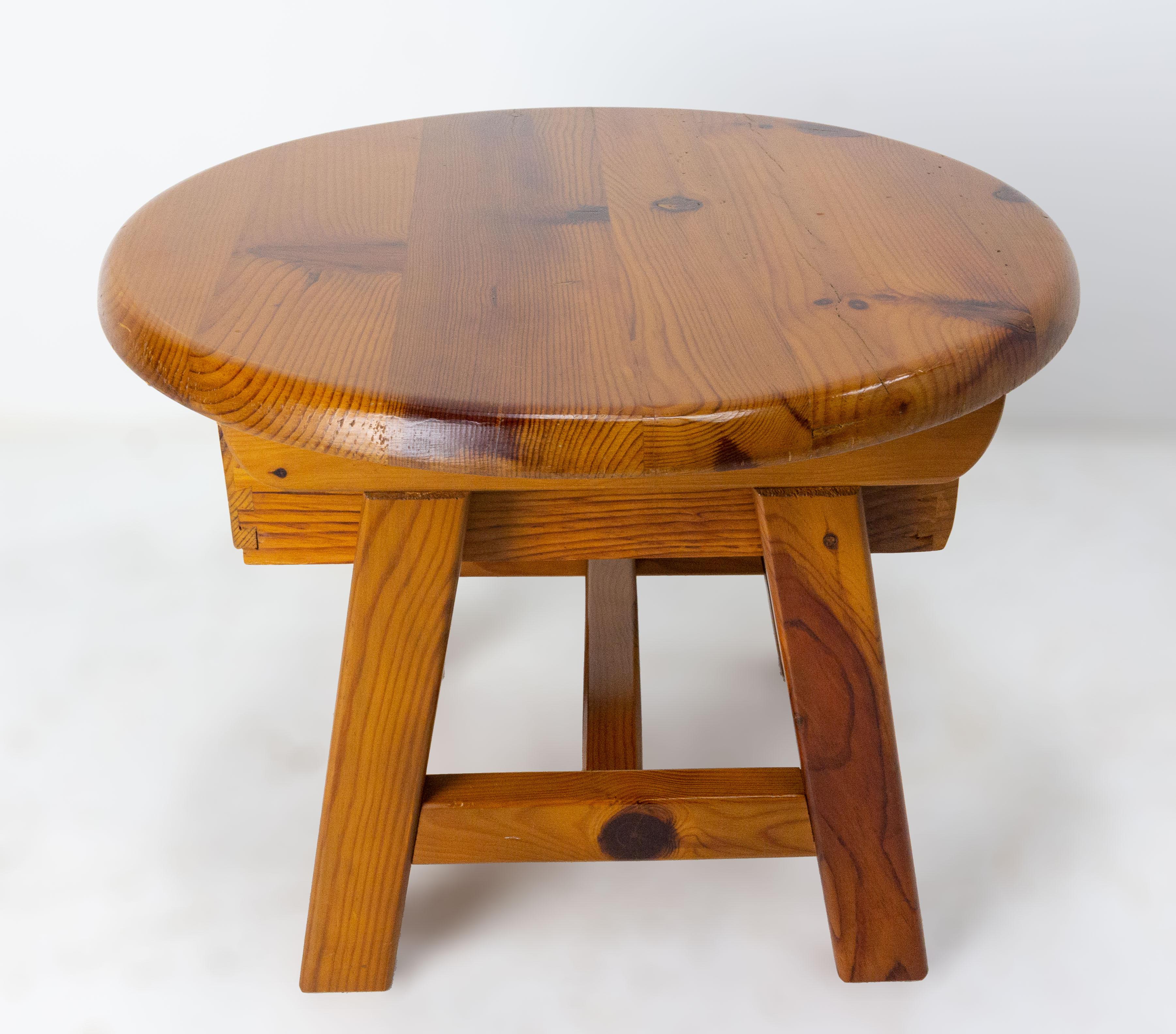 French Round Pine Coffee Table or Nightstand Table with Drawer, c. 1970 For Sale 1