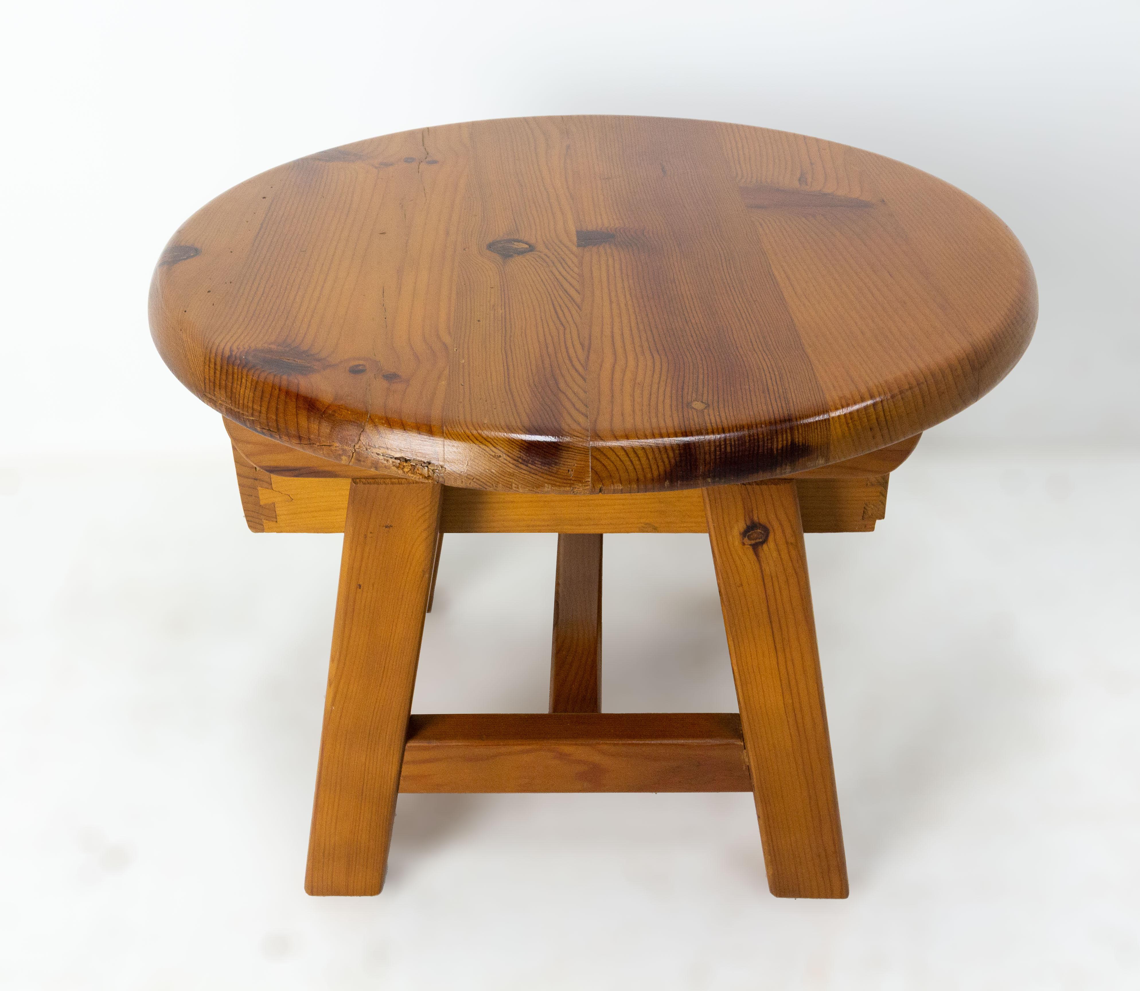 French Round Pine Coffee Table or Nightstand Table with Drawer, c. 1970 For Sale 2