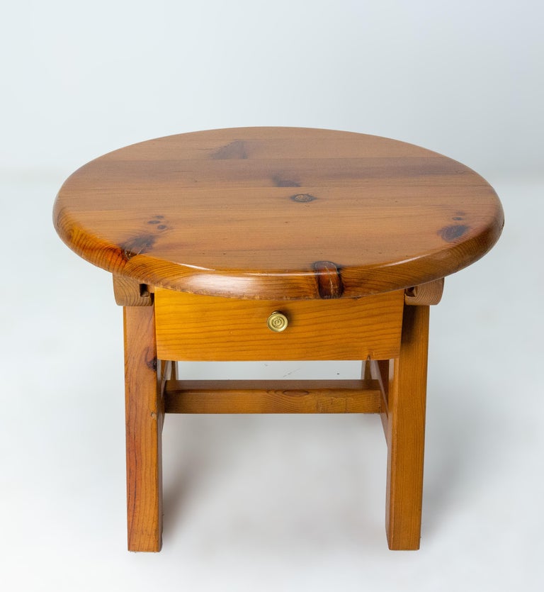 French Round Pine Coffee Table or Nightstand Table with Drawer, c. 1970