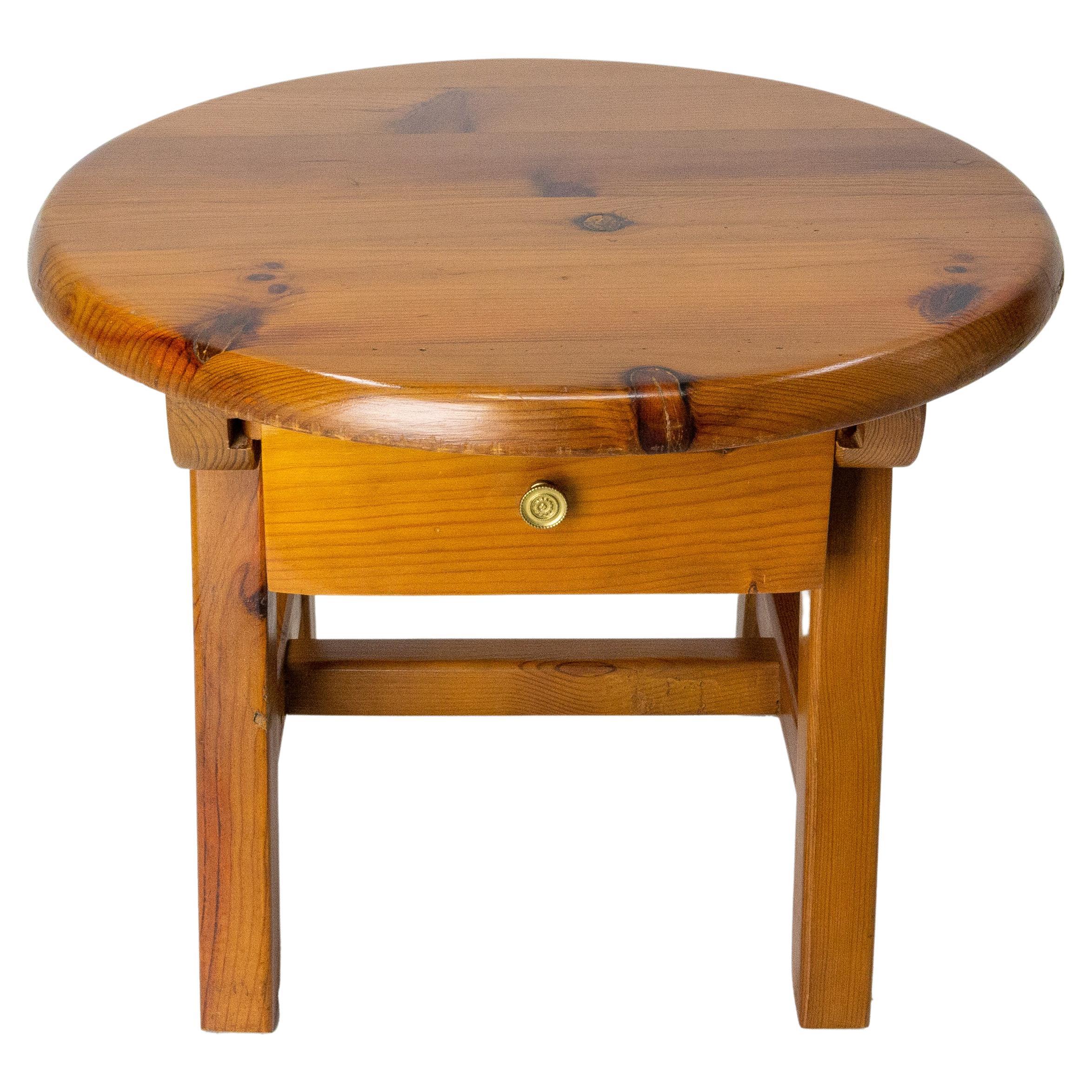 French Round Pine Coffee Table or Nightstand Table with Drawer, c. 1970 For Sale