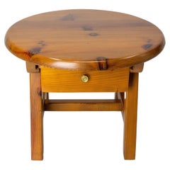French Round Pine Coffee Table or Nightstand Table with Drawer, c. 1970
