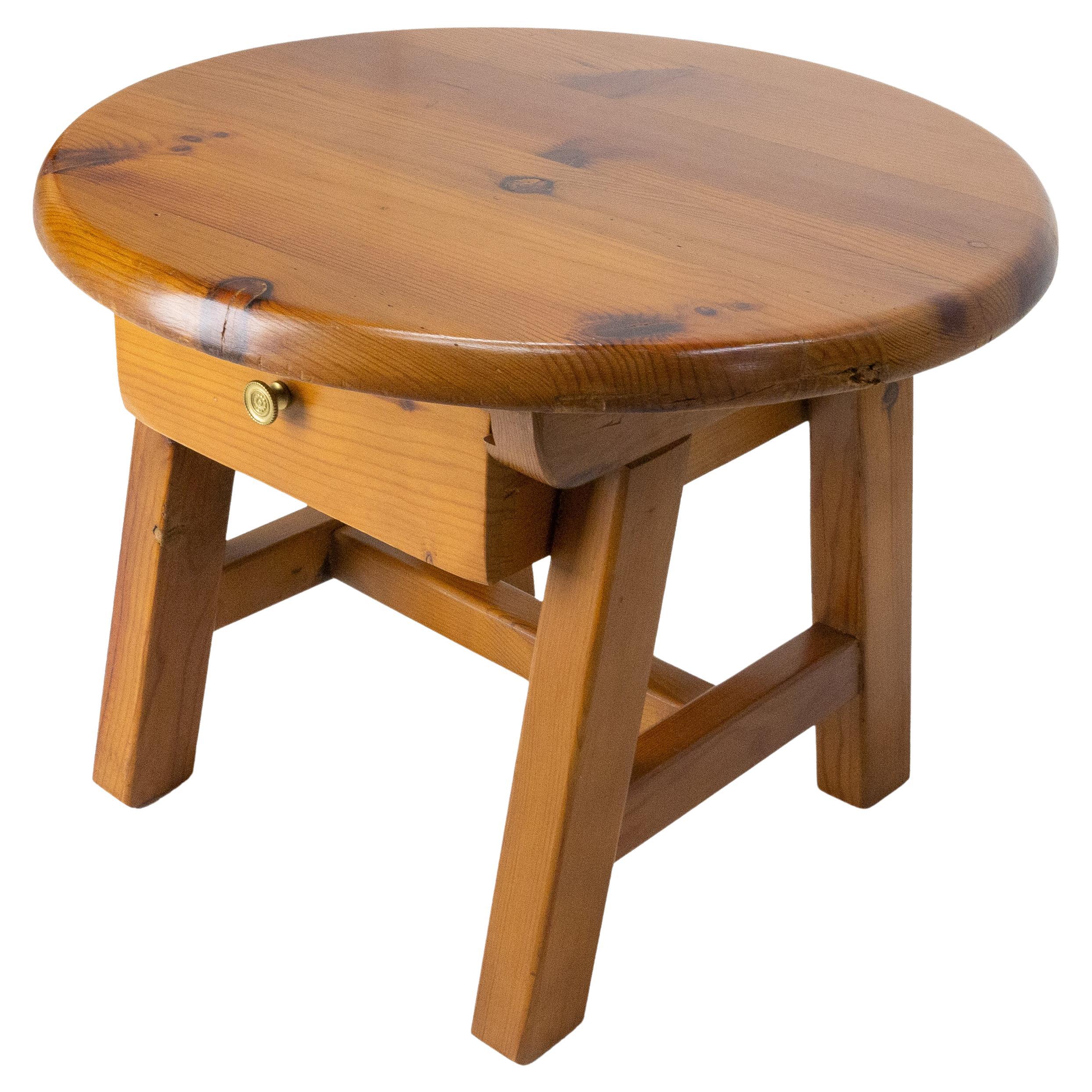 French Round Pine Coffee Table or Nightstand Table with Drawer, c. 1970