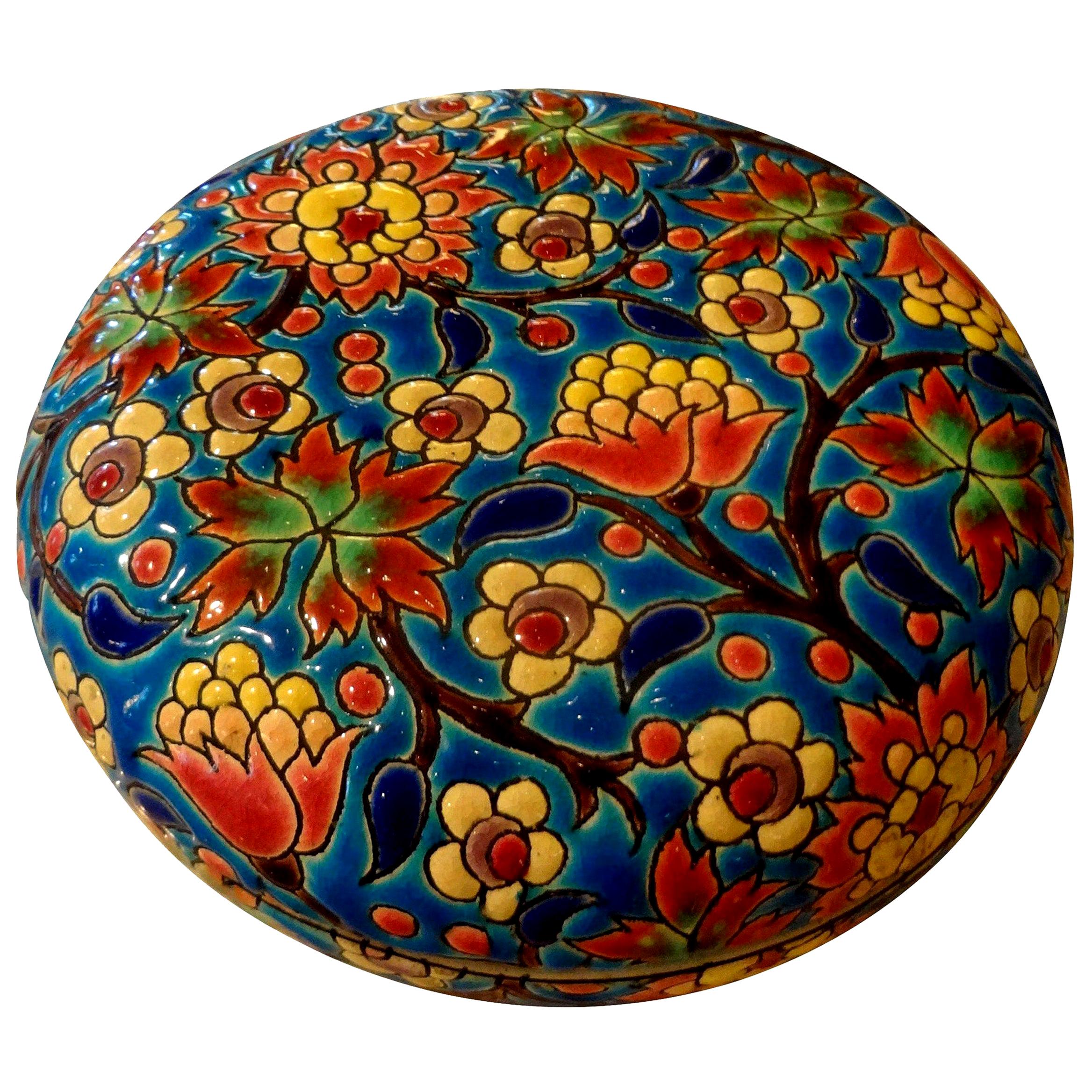 French Round Porcelain Box by Emaux de Longwy