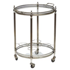 French Round Rolling Drinks Cart of Nickel Chrome with Tray Top
