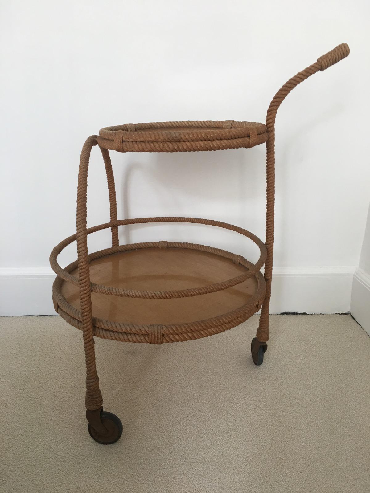 Hand-Crafted French Round Serving Cart by Adrien Audoux & Frida Minet, 1960s