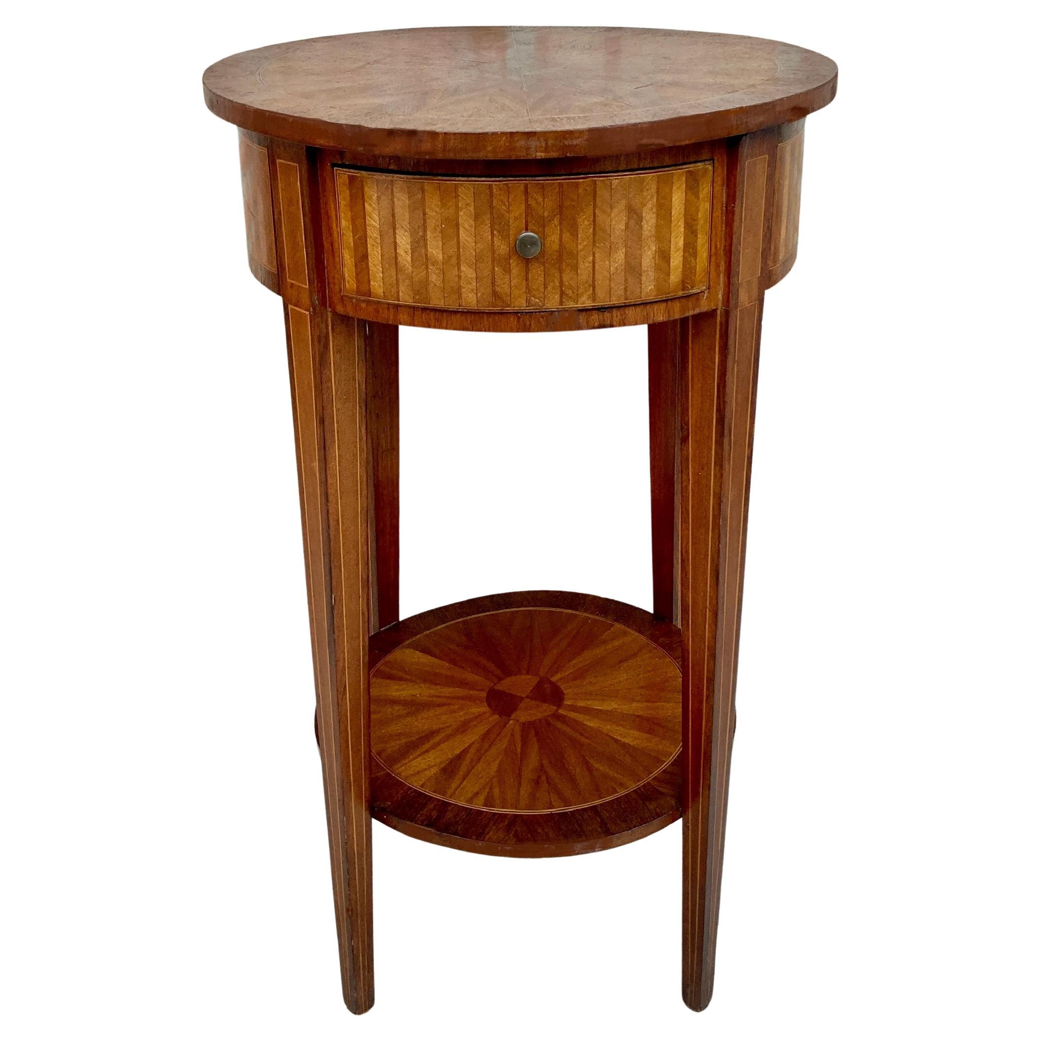 French Round Side Table in Walnut and Marquetry 1940s