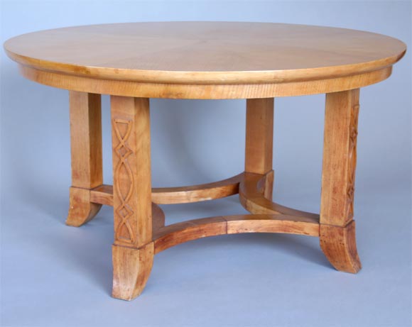 Round French coffee table or side table in the style of Andre Arbus.
Sycamore veneer sun burst decorative top and with solid Sycamore legs with applied decorative motifs to the legs.
France c 1940's. 
