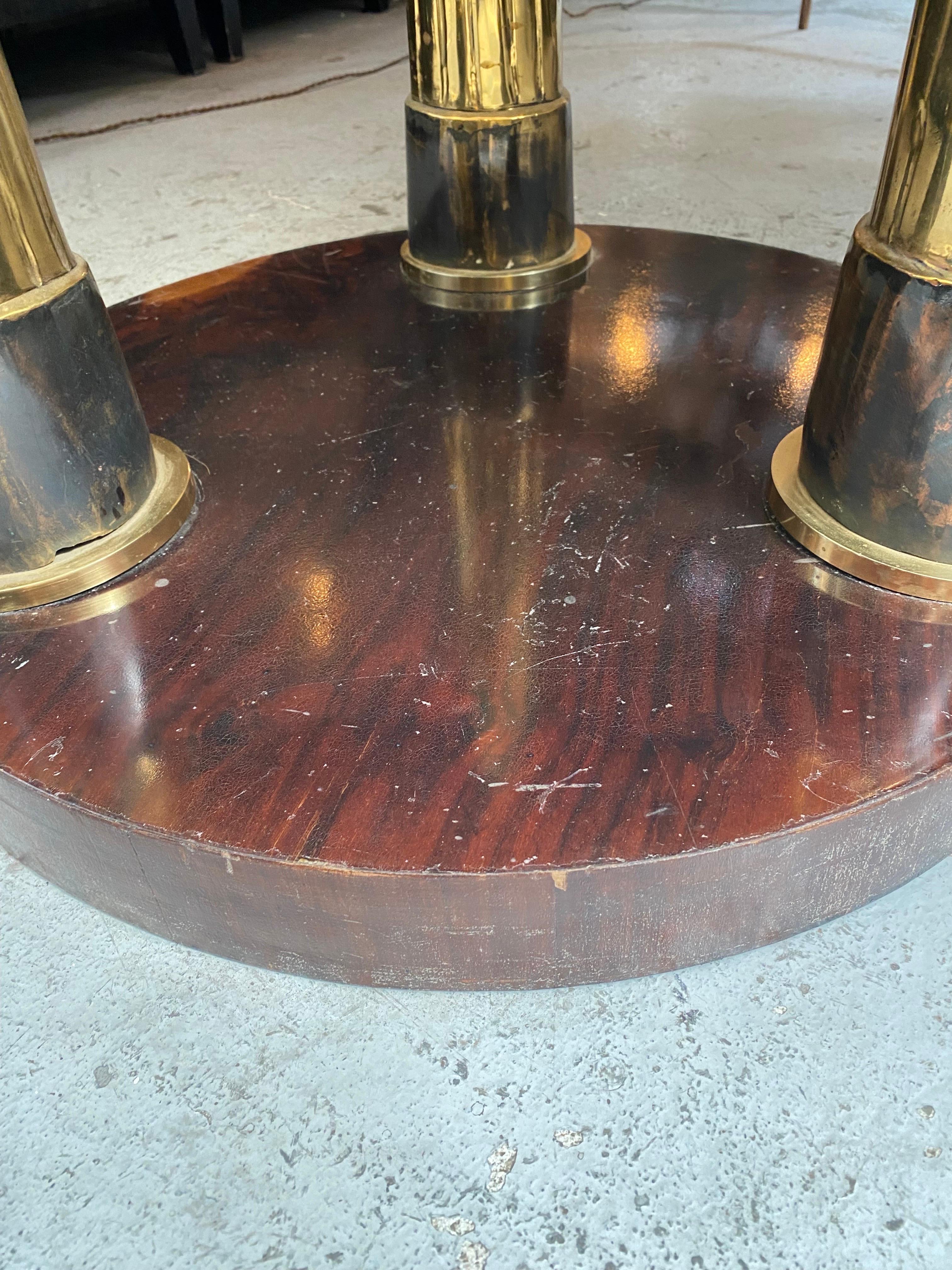 French Round Table Smoked Glass Brass Elephant Tusks Mahogany Veneered Base In Good Condition For Sale In Paris, France