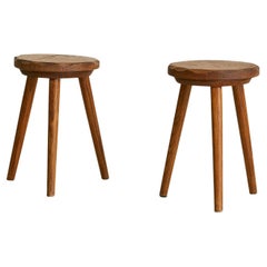 French Round Wood Stool with Tapered Legs, 1960s - 2 Available