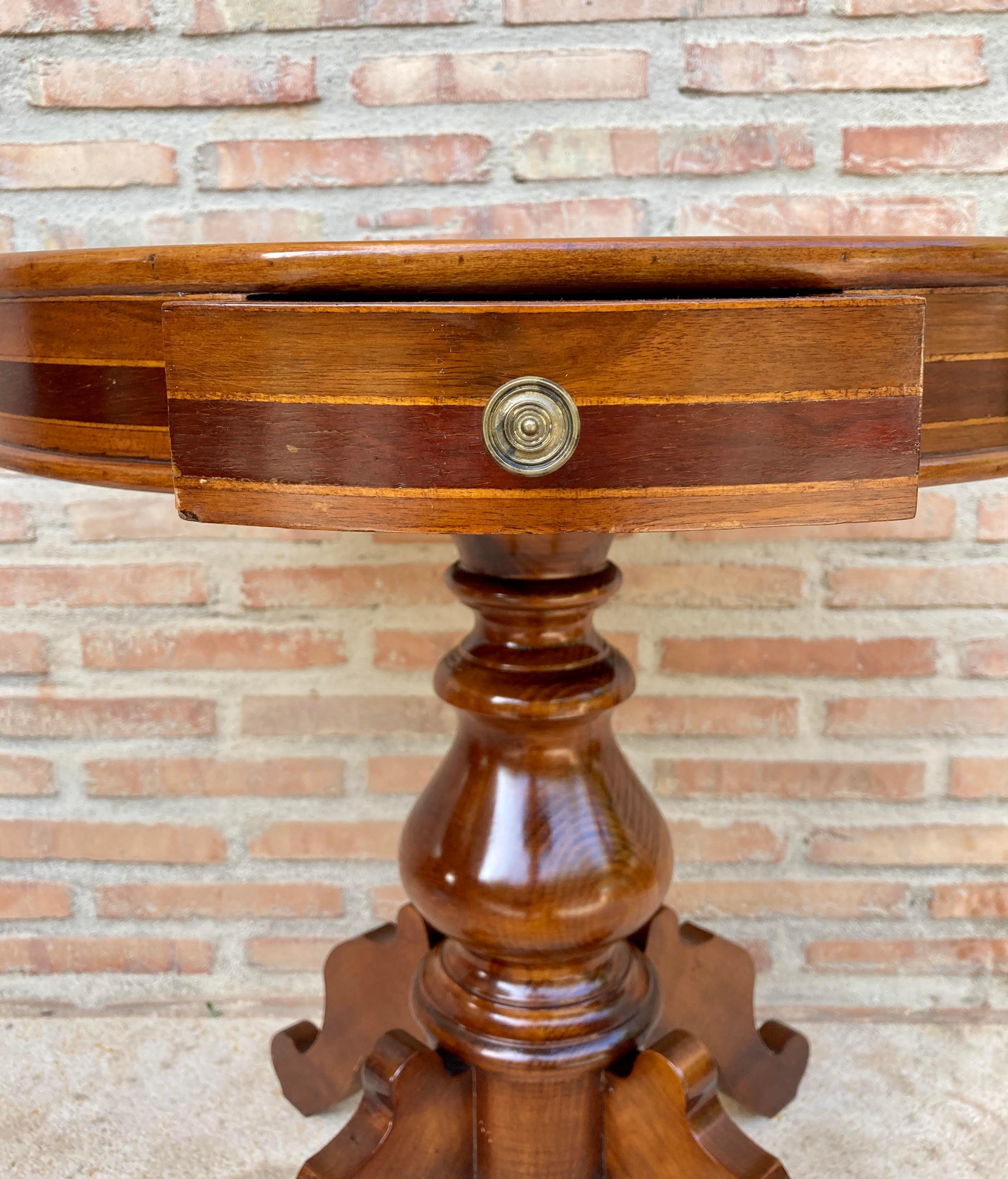 Walnut French Round Wooden Coffee or Side Table with Marquetry Center