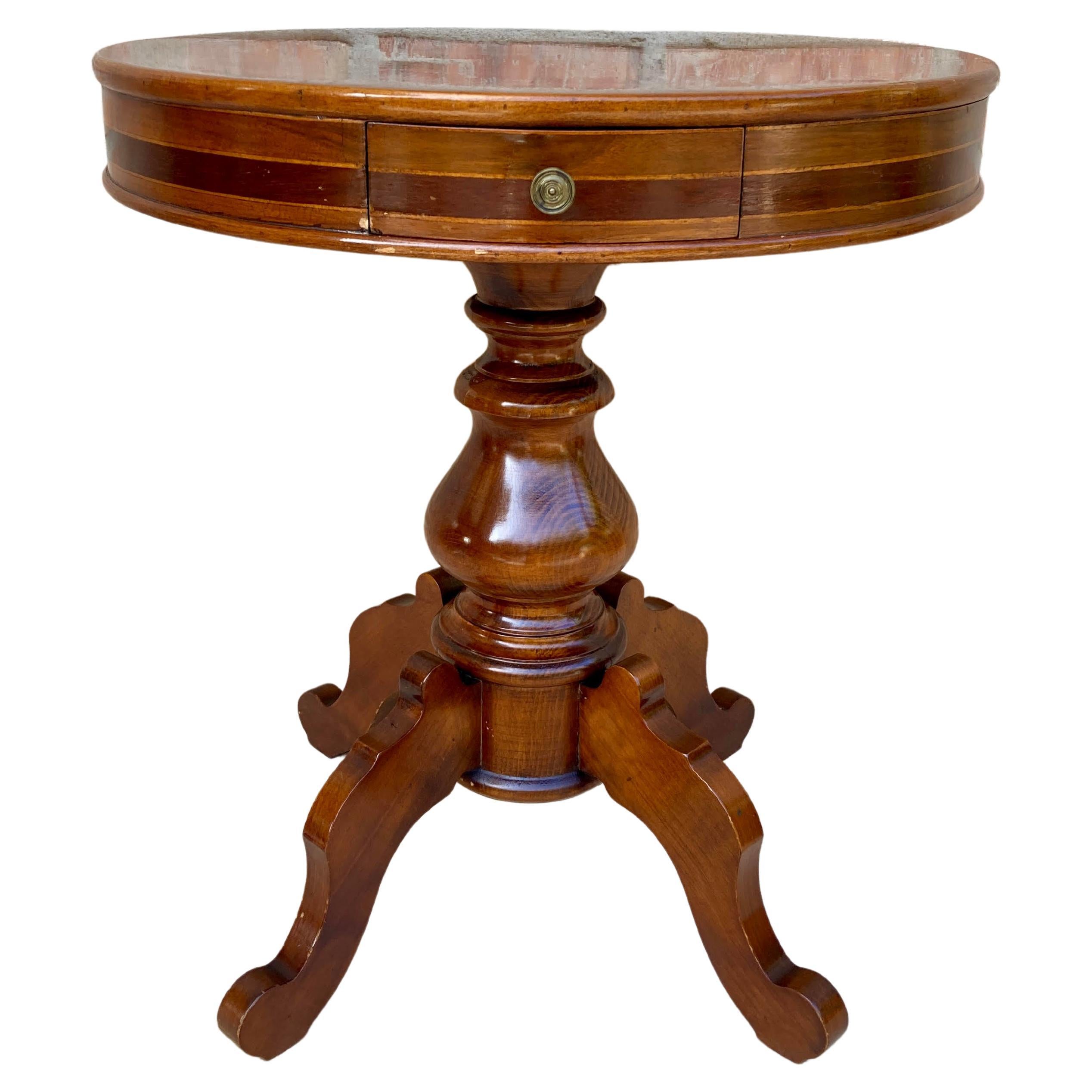 French Round Wooden Coffee or Side Table with Marquetry Center