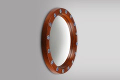 French round wooden mirror with elegant blue and white glass decoration, 1960s