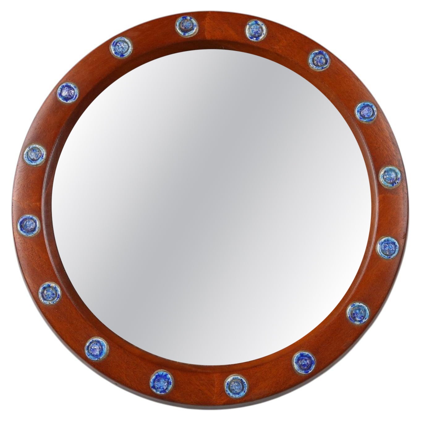 French round wooden mirror with elegant blue and white glass decoration, 1960s For Sale