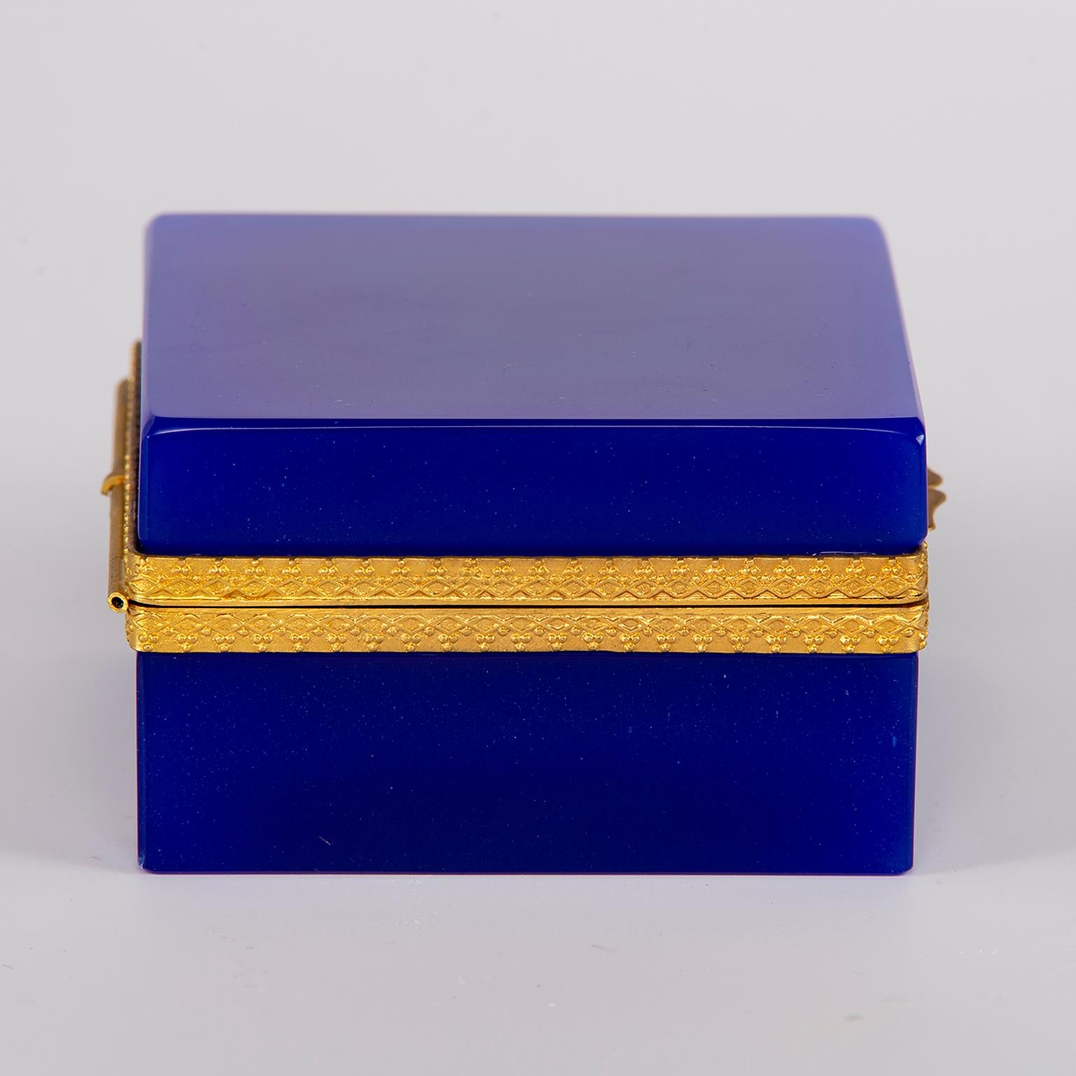 French Royal Blue Opaline Glass and Brass Hinged Box In Excellent Condition In Troy, MI