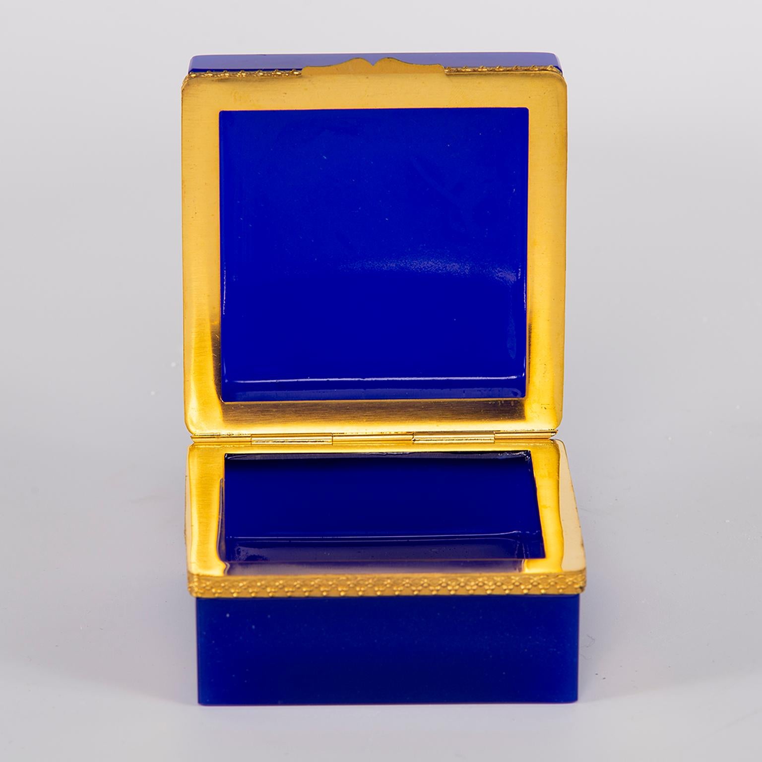 Early 20th Century French Royal Blue Opaline Glass and Brass Hinged Box
