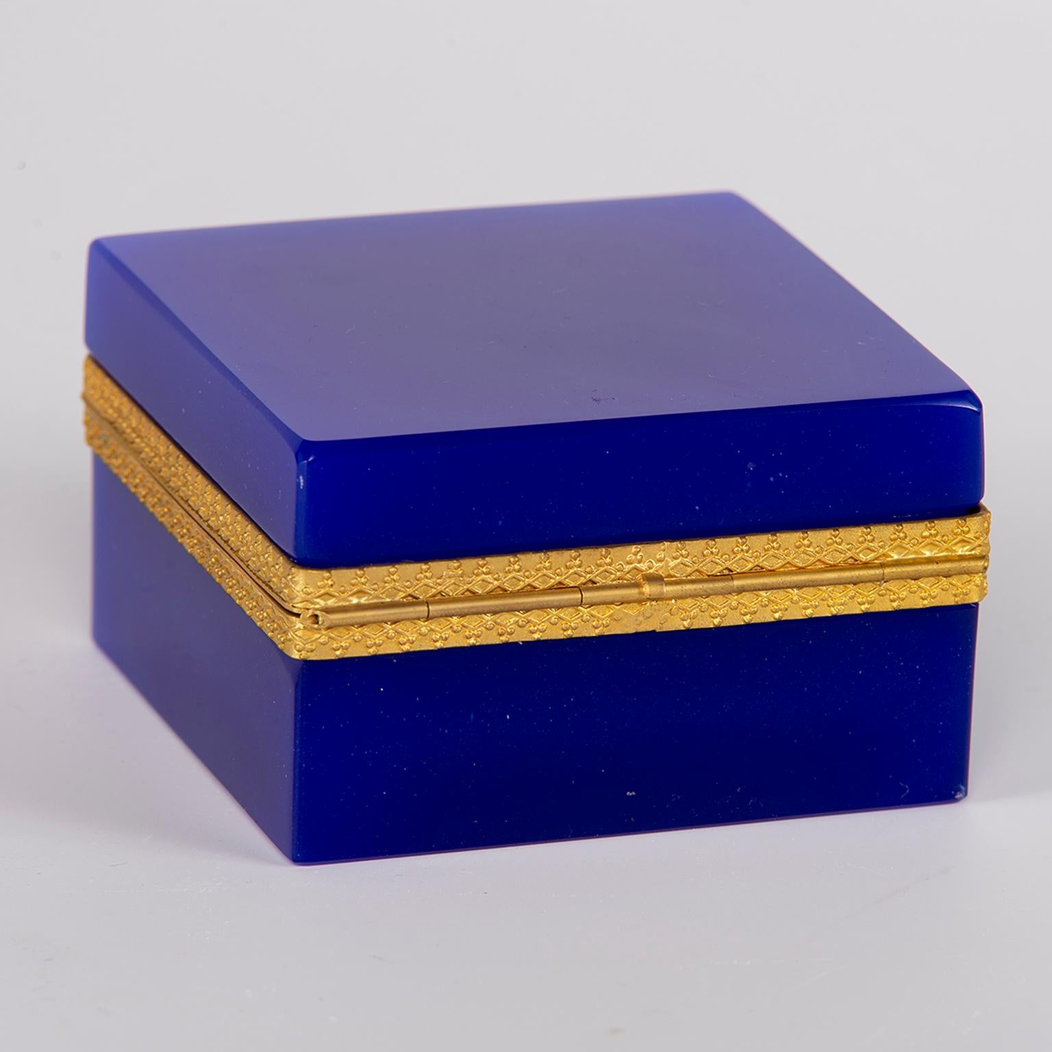 French Royal Blue Opaline Glass and Brass Hinged Box 1