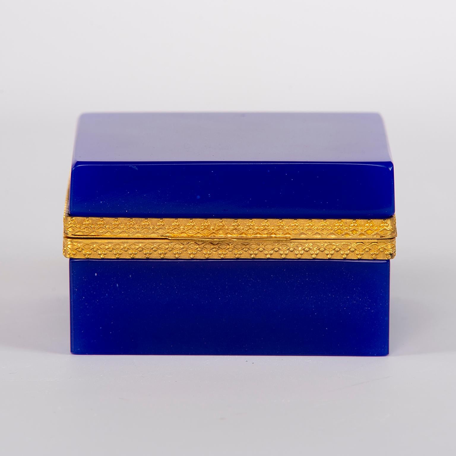 French Royal Blue Opaline Glass and Brass Hinged Box 2