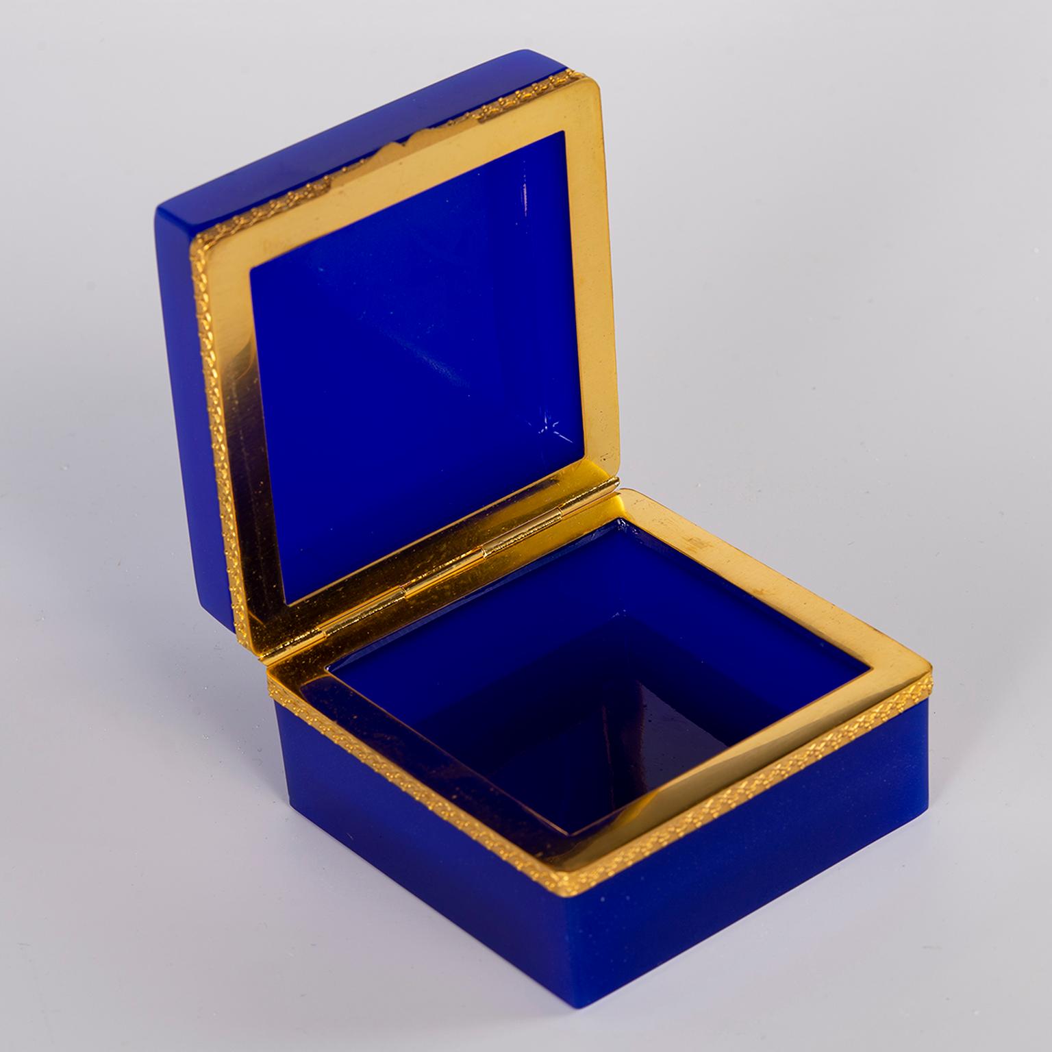 French Royal Blue Opaline Glass and Brass Hinged Box 3