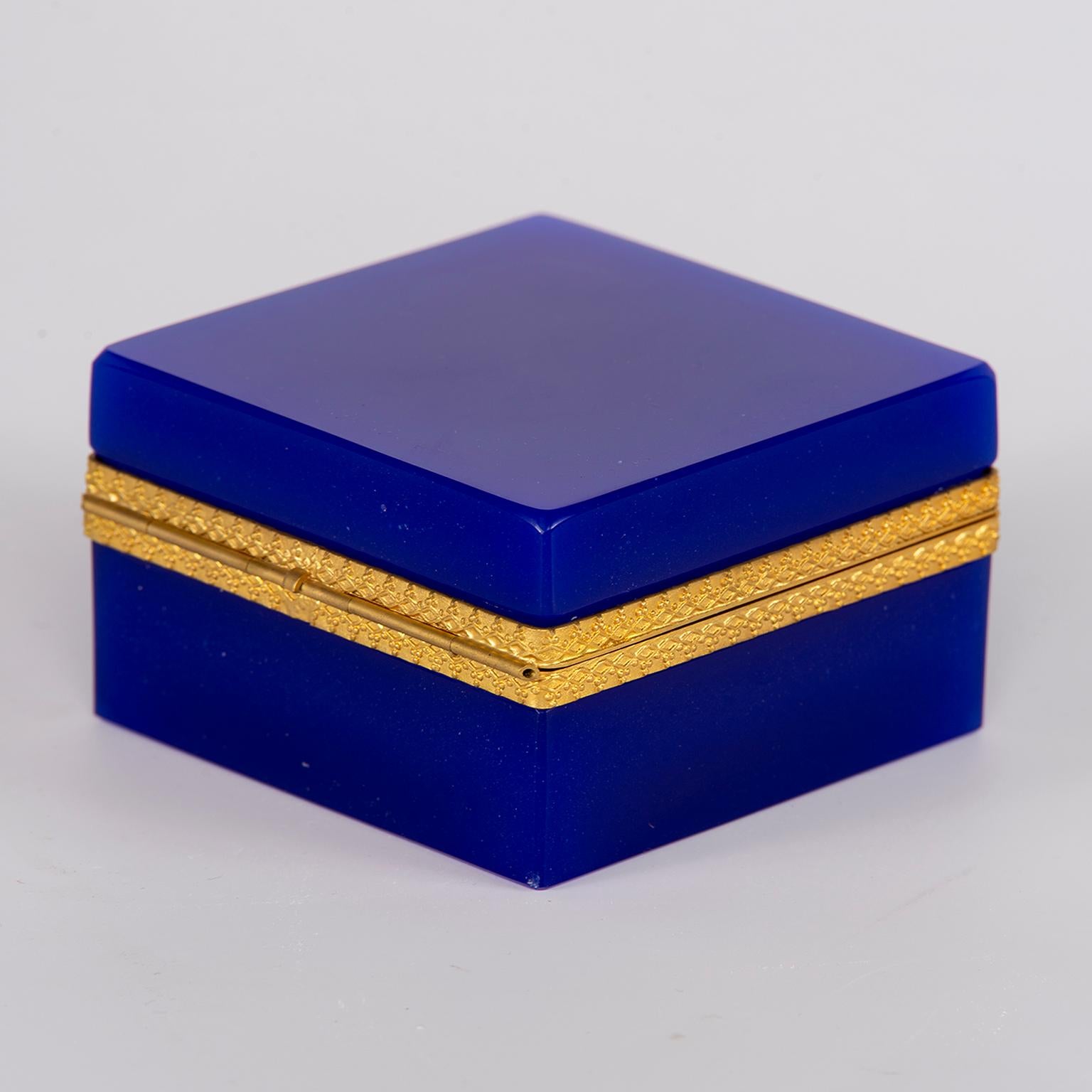 French Royal Blue Opaline Glass and Brass Hinged Box 4