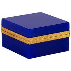 Antique French Royal Blue Opaline Glass and Brass Hinged Box