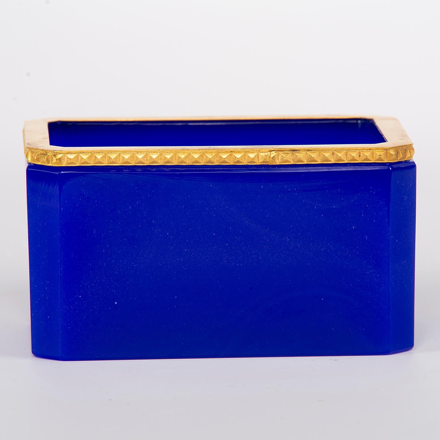 French Royal Blue Opaline Glass Box with Brass Mounts In Excellent Condition In Troy, MI