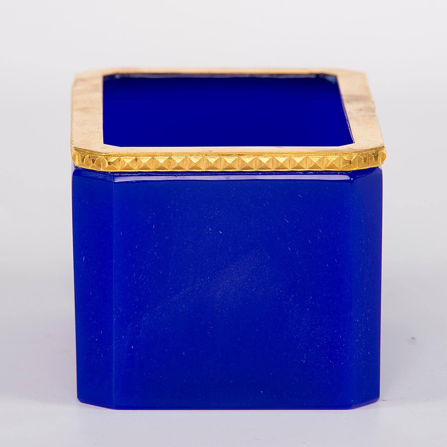 20th Century French Royal Blue Opaline Glass Box with Brass Mounts