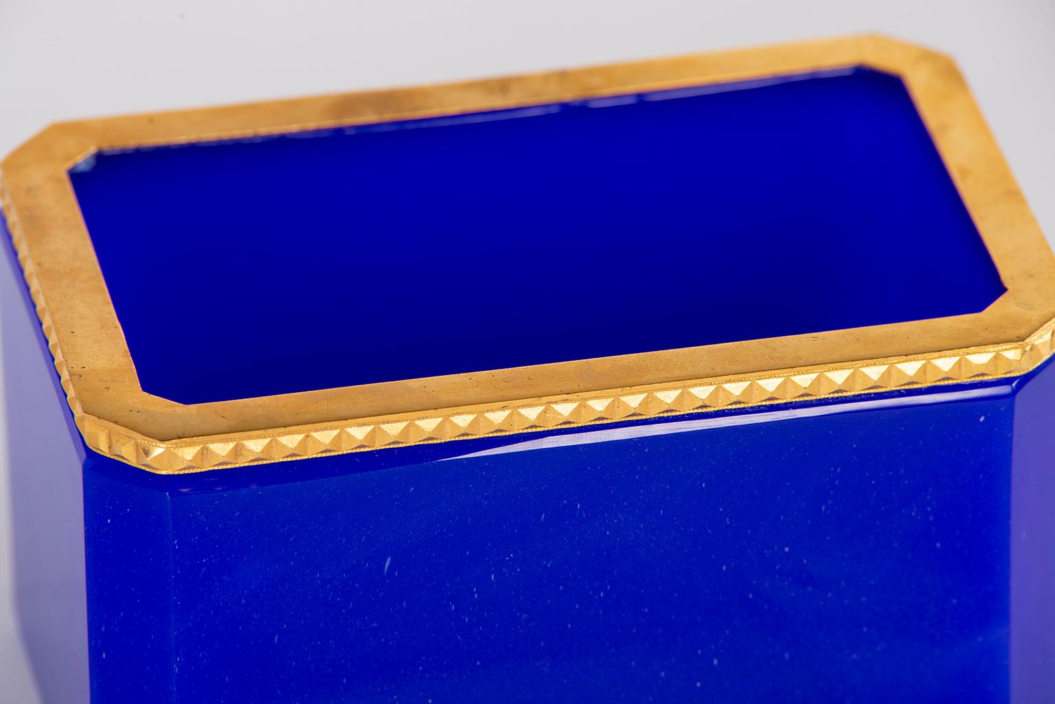 French Royal Blue Opaline Glass Box with Brass Mounts 1