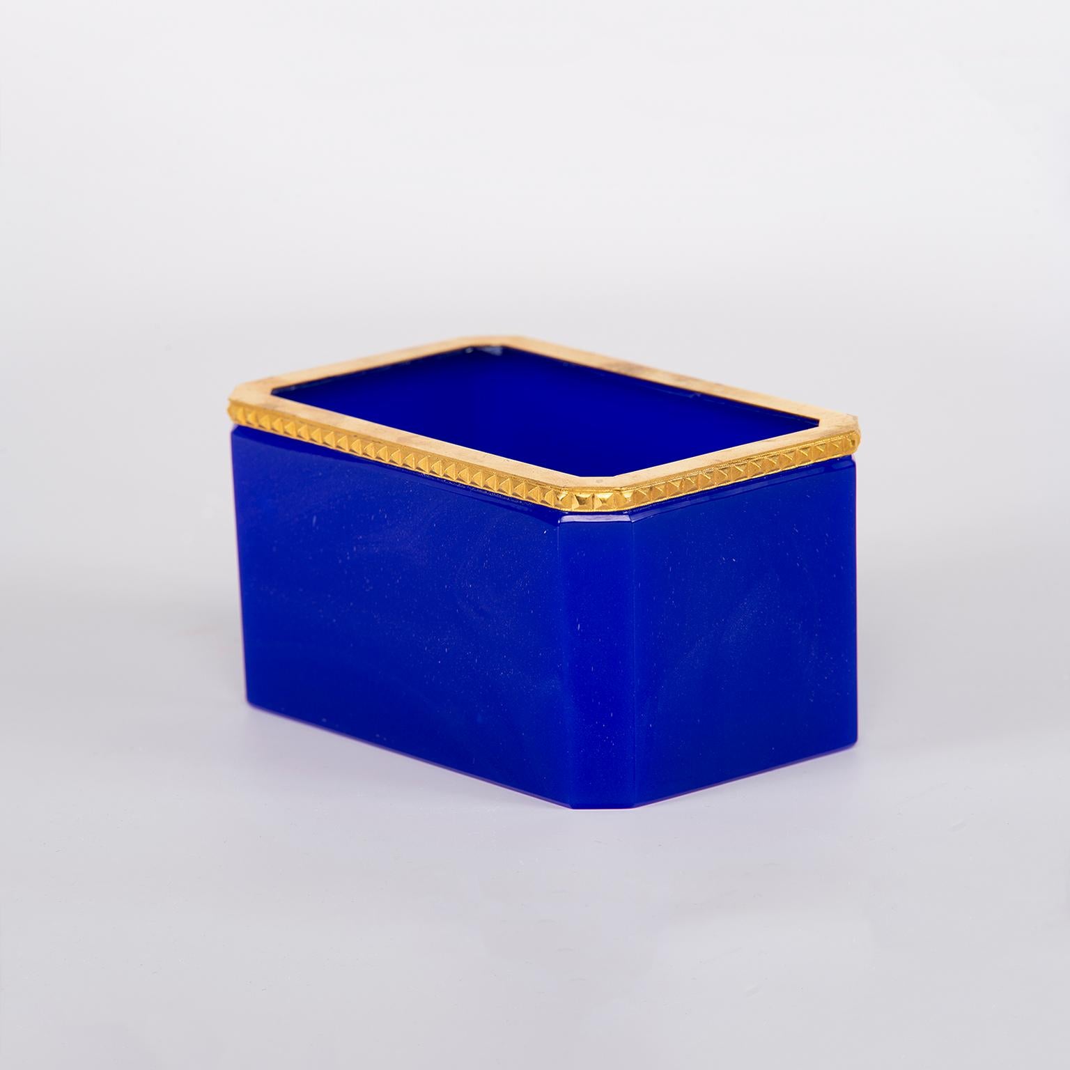 French Royal Blue Opaline Glass Box with Brass Mounts 1